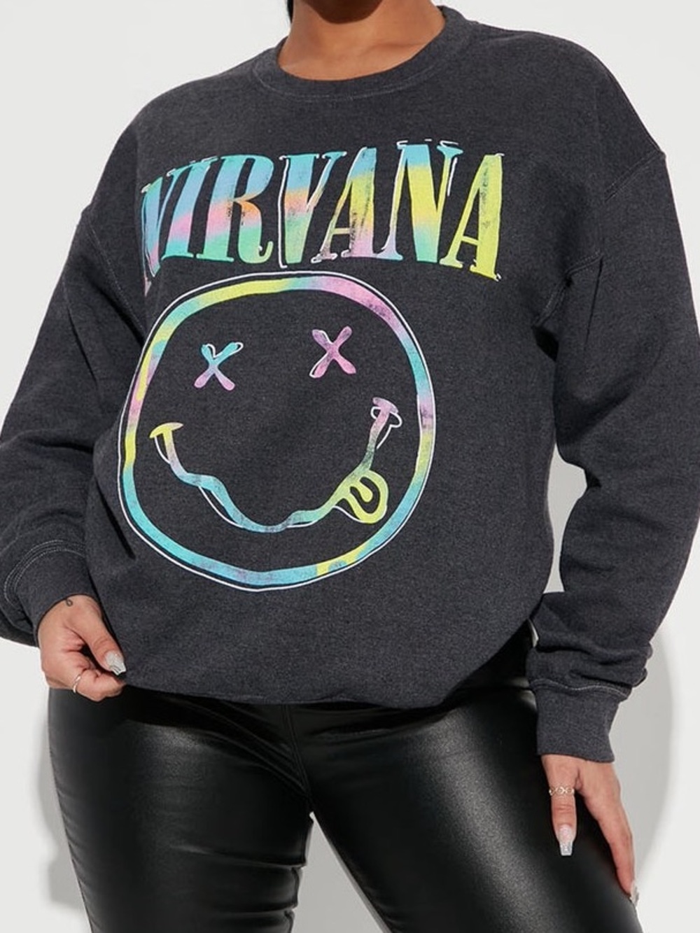 Fashion Nova Dark Gray Nirvana Graphic Sweatshirt with Rainbow Logo